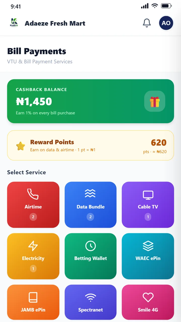 Bill payments: airtime, data, cable TV, electricity and exam PINs, with cashback and reward points