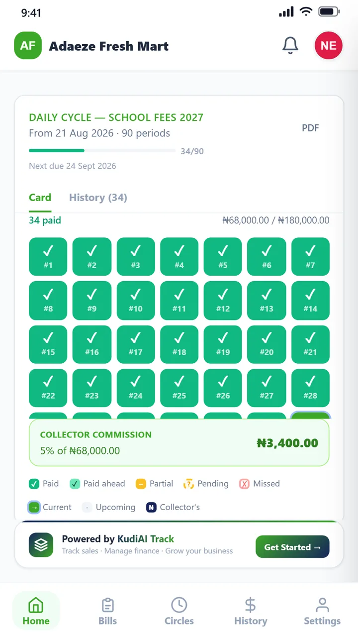 A saver's daily savings card showing paid days and collector commission