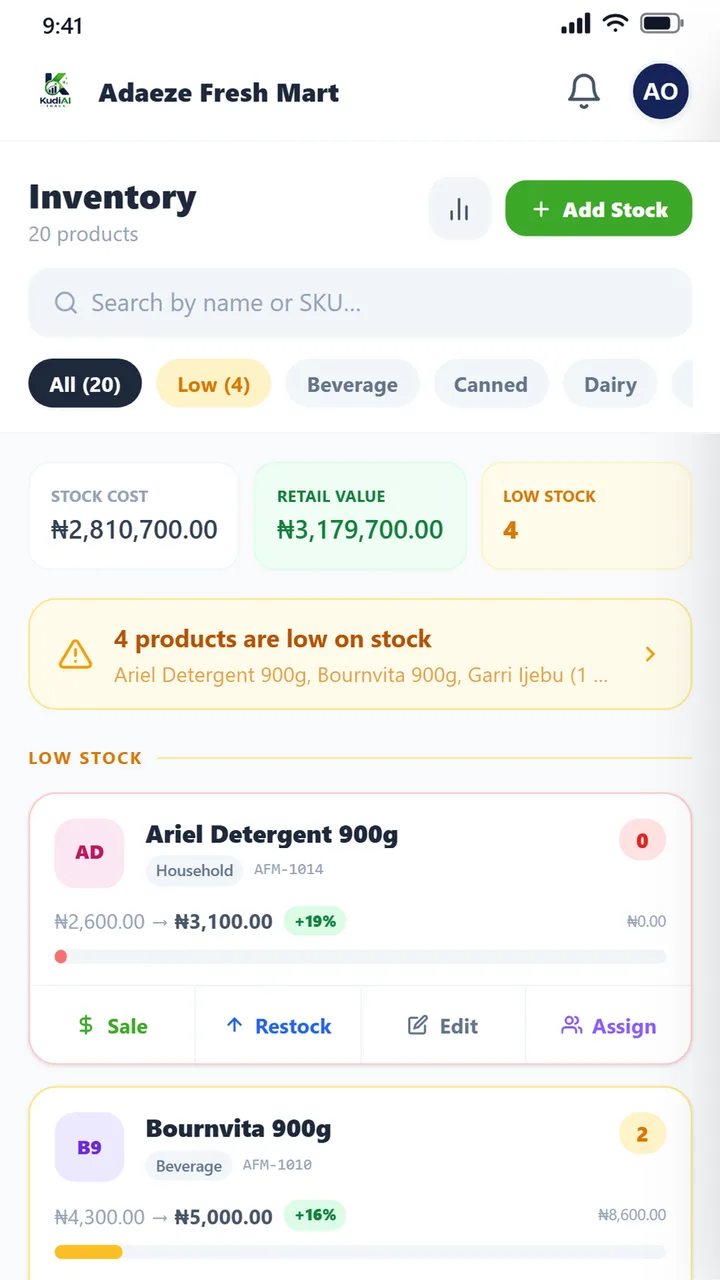 Inventory with stock value, low-stock alerts and products by category