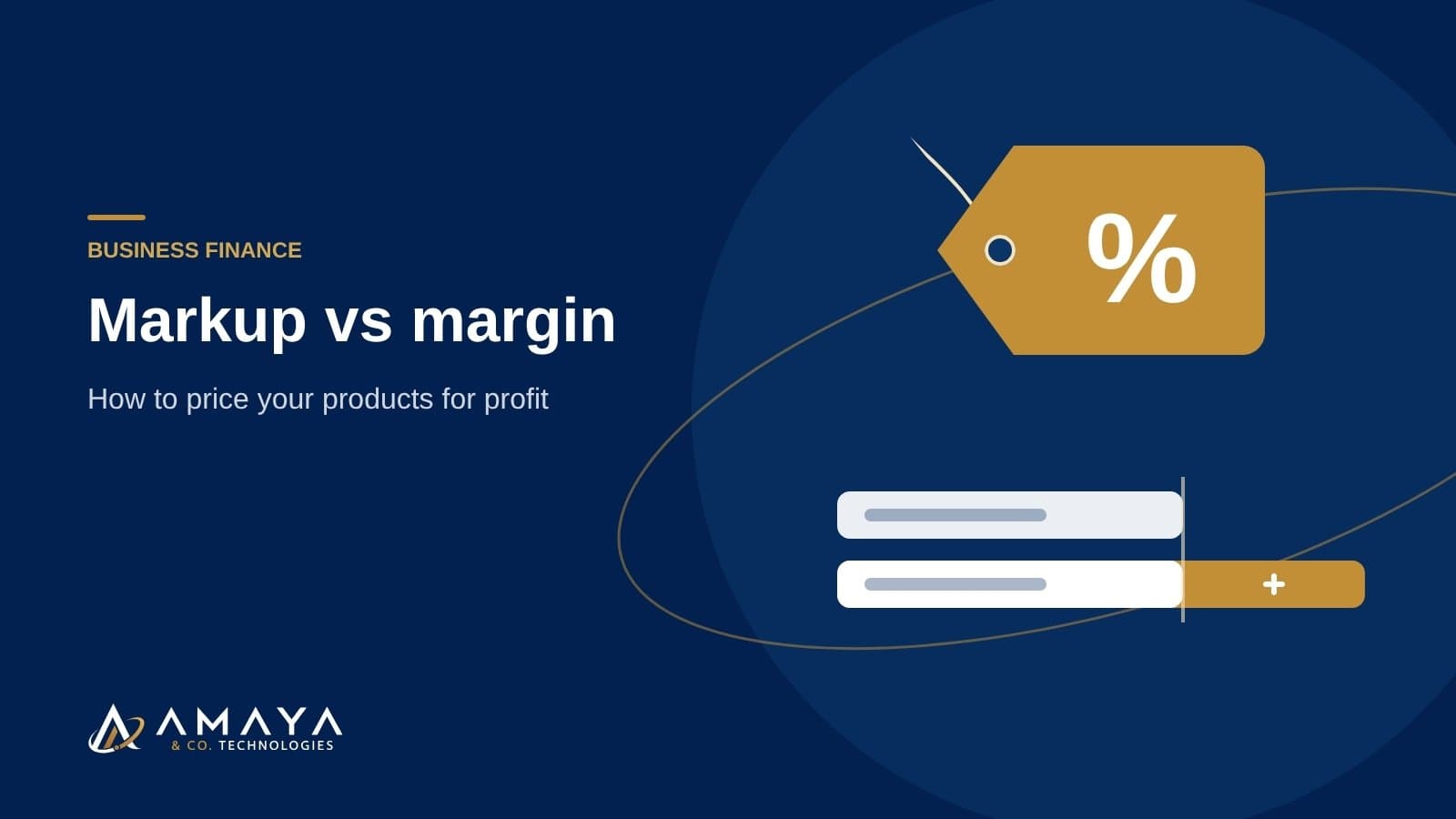 Illustration of a gold price tag with a percent sign above a cost bar and a longer price bar with a profit segment, with the title Markup vs margin.
