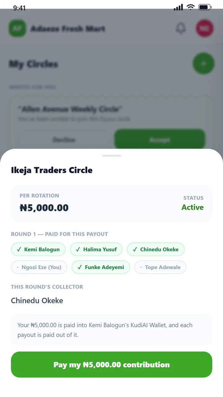 An Esusu circle showing this round's payout and members who have paid