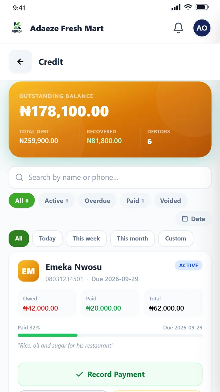 Credit book showing total owed, amount recovered and each debtor