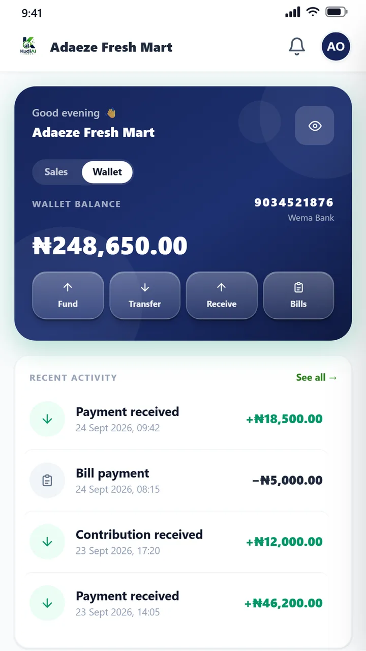 Wallet dashboard with balance, virtual account number and recent payments