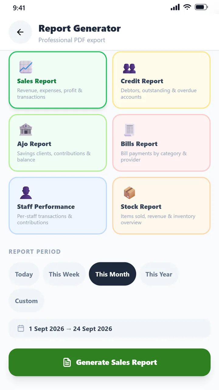 Report generator for sales, credit, Ajo, bills, staff and stock reports